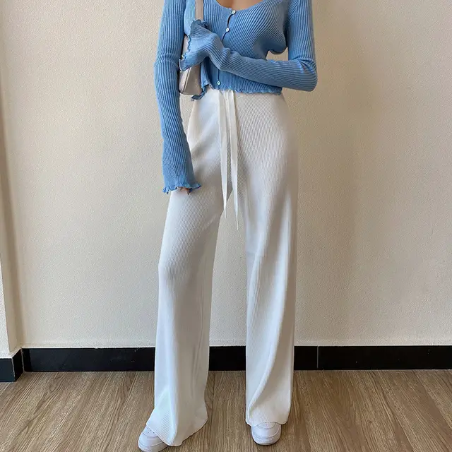 White Straight Leg Knit Pants Women's Autumn And Winter Wide leg Pants White - Shop at LoveMi