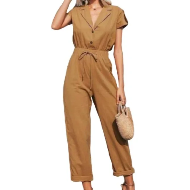 European And American Foreign Trade Women's New Style Commuter Elastic Waist Drawstring Jumpsuit Brown - Shop at LoveMi