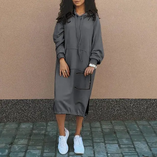 Casual Long sleeved Hooded Sweater With Pocket Fashion Drawstring Long Sweatshirt Womens Clothing Grey - Shop at LoveMi