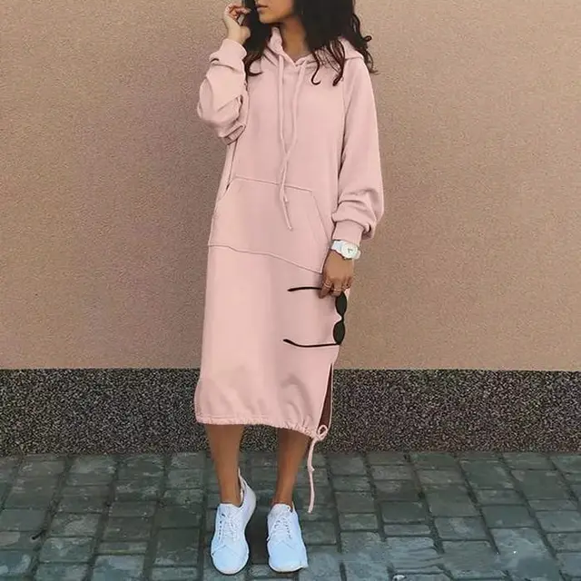 Casual Long sleeved Hooded Sweater With Pocket Fashion Drawstring Long Sweatshirt Womens Clothing Pink - Shop at LoveMi