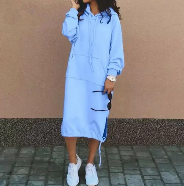 Casual Long sleeved Hooded Sweater With Pocket Fashion Drawstring Long Sweatshirt Womens Clothing Sky Blue - Shop at LoveMi