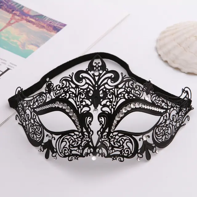 Iron Mask Metal Mask Cat Head White Metal Hollow Diamond Eye Mask Black - Shop at LoveMi