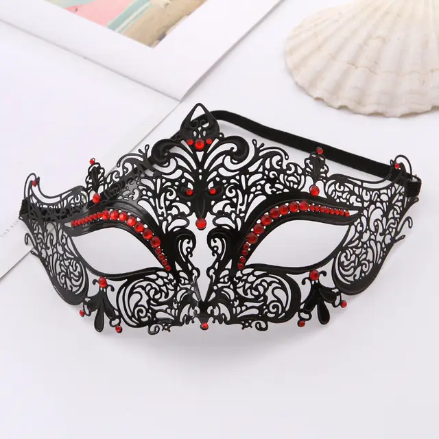 Iron Mask Metal Mask Cat Head White Metal Hollow Diamond Eye Mask Red - Shop at LoveMi