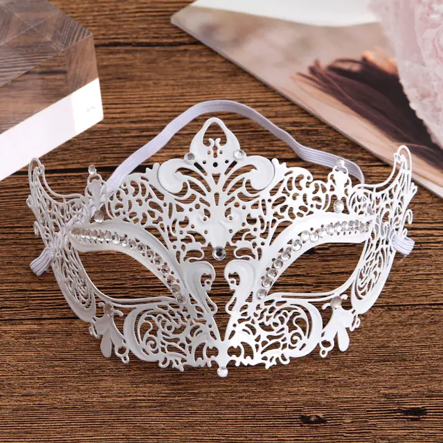 Iron Mask Metal Mask Cat Head White Metal Hollow Diamond Eye Mask White - Shop at LoveMi