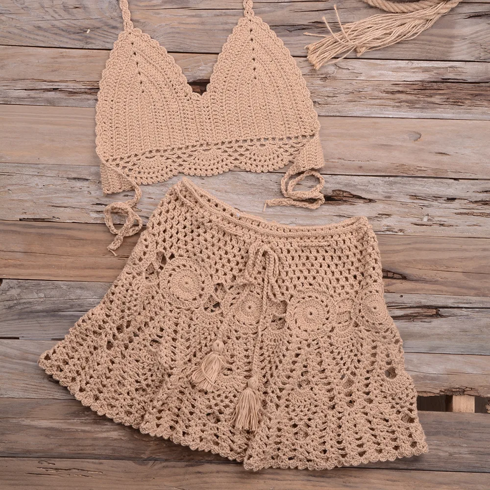 Fashionable Modern Hand woven Beach Vacation Strappy Bikini Split Swimsuit Outfit Khaki - Shop at LoveMi