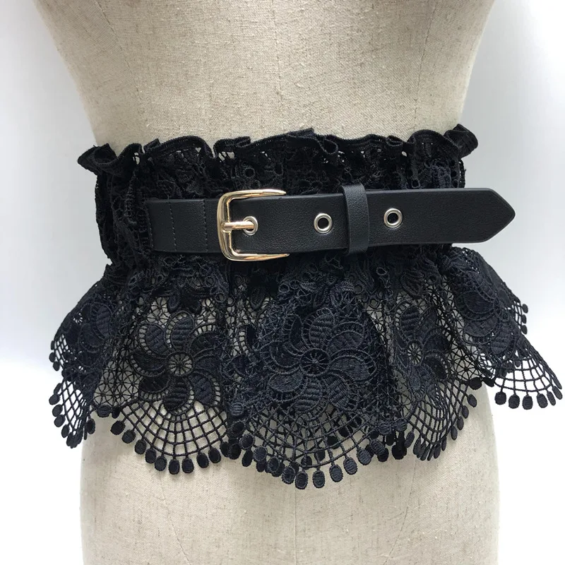 Ladies Wide Decorative White Shirt Dress Belt - Black