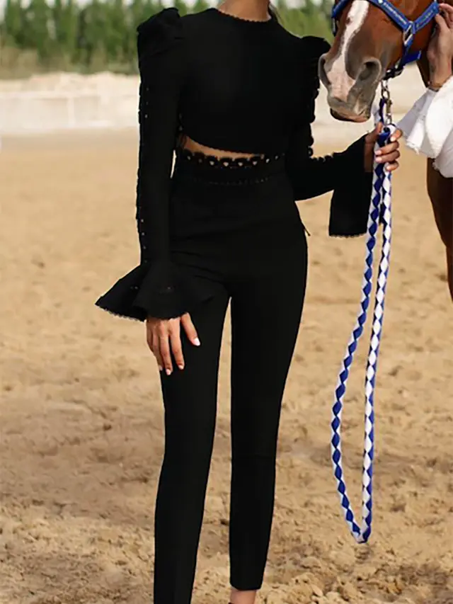 Fashion Women's Tight fitting Bandage Fabric Suit Round Neck Flared Sleeve Top Tights Two piece Women Black - Shop at LoveMi
