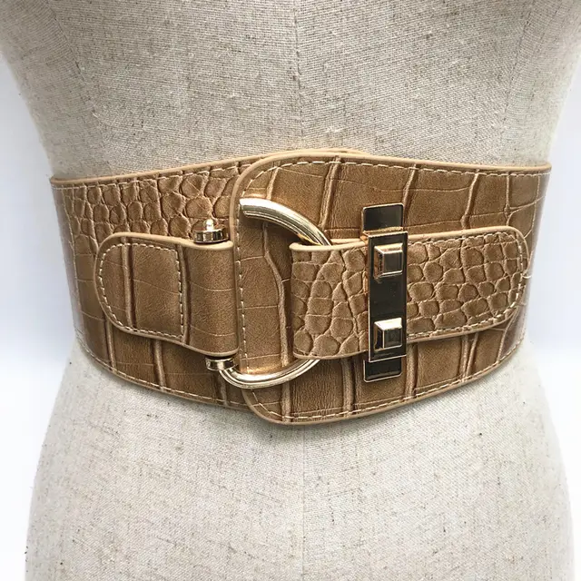 Elastic Wide Pattern Girdle, Patent Leather Women's Metal Buckle Belt Apricot - Shop at LoveMi