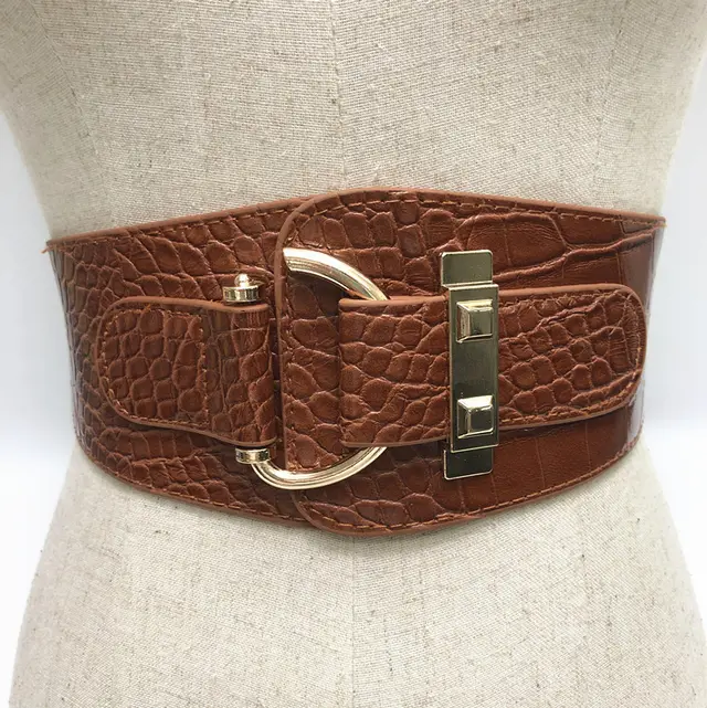 Elastic Wide Pattern Girdle, Patent Leather Women's Metal Buckle Belt Brown - Shop at LoveMi