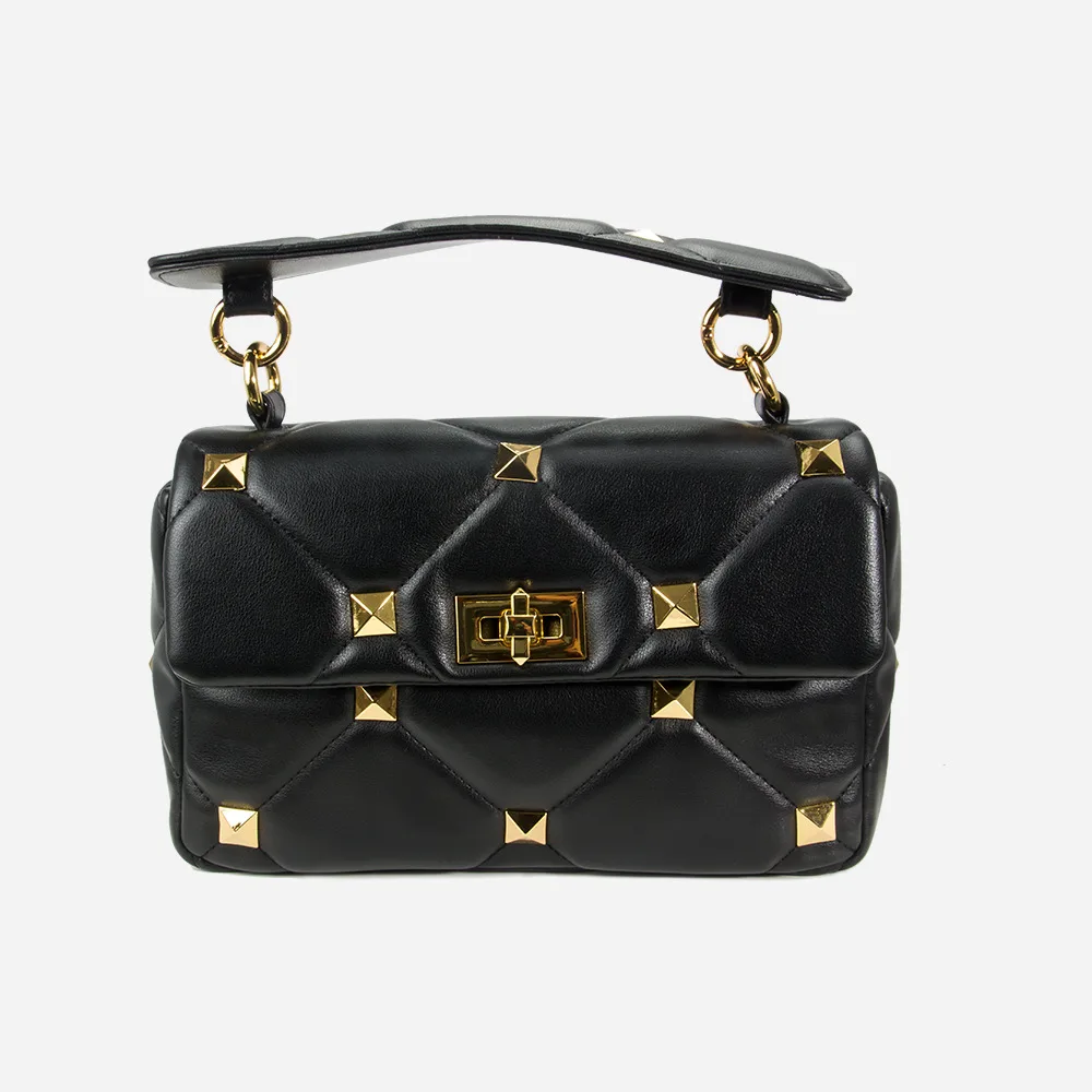 Diamond Chain Bag Large Rivet Quilted Soft Leather Handbag Black - Shop at LoveMi