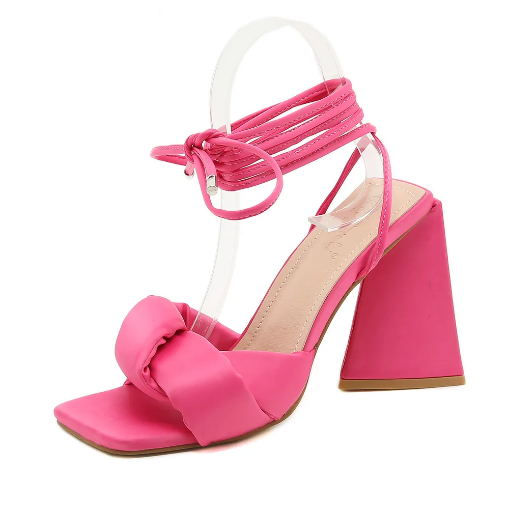 Sandals Triangle Block High Heel Square Toe Roman Shoes Red - Shop at LoveMi