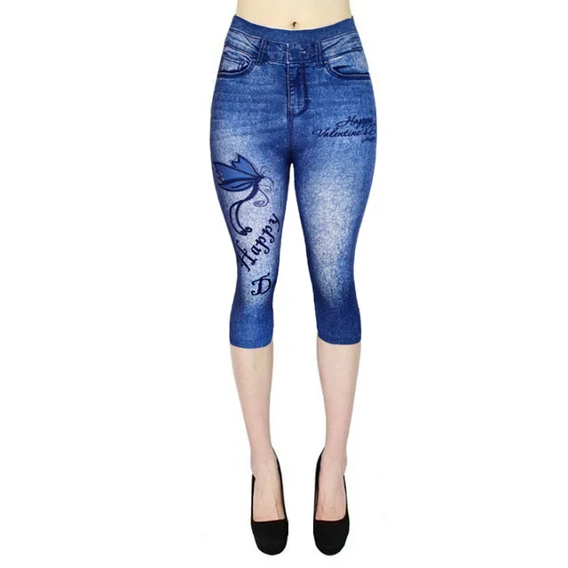 Printed Imitation Denim Cropped Trousers High Elasticity Hip Leggings Blue - Shop at LoveMi