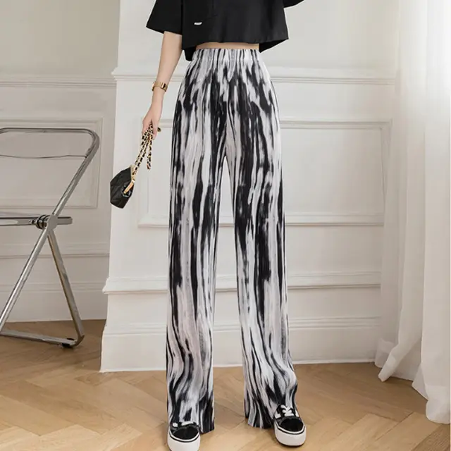 Slit Wide leg Pants Women's Plus Size Tie dye High waist Mopping Trousers Black And White - Shop at LoveMi