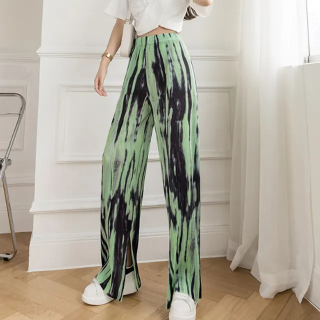 Slit Wide leg Pants Women's Plus Size Tie dye High waist Mopping Trousers Green - Shop at LoveMi