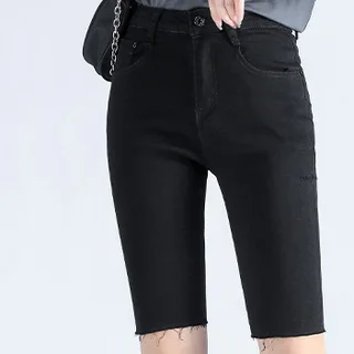 Simple Temperament Trendy With Denim Five-point Pants Women's Tight-fitting - Black