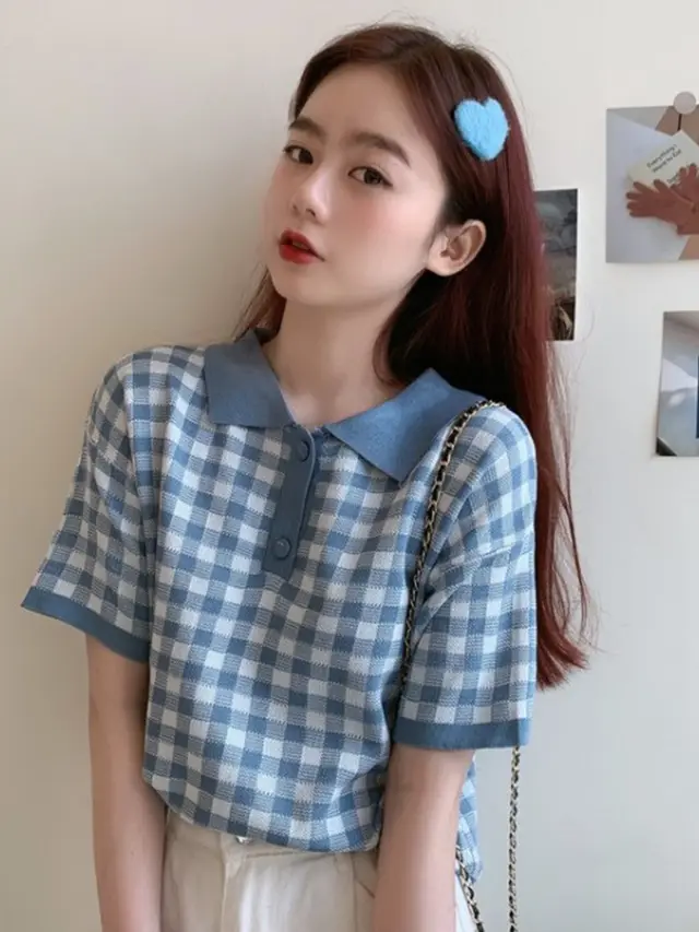 Plaid Polo Collar Short sleeved Small Student Short Top Blue - Shop at LoveMi