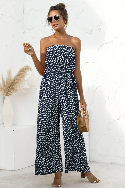 Heart shaped Dot Print Lace up Wide leg Jumpsuit Blue - Shop at LoveMi