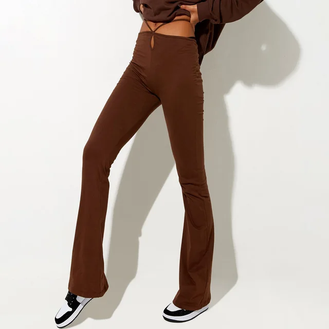 Women's Stretch High waist Lace up Casual Trousers Slim Slim Trousers Trousers Brown - Shop at LoveMi