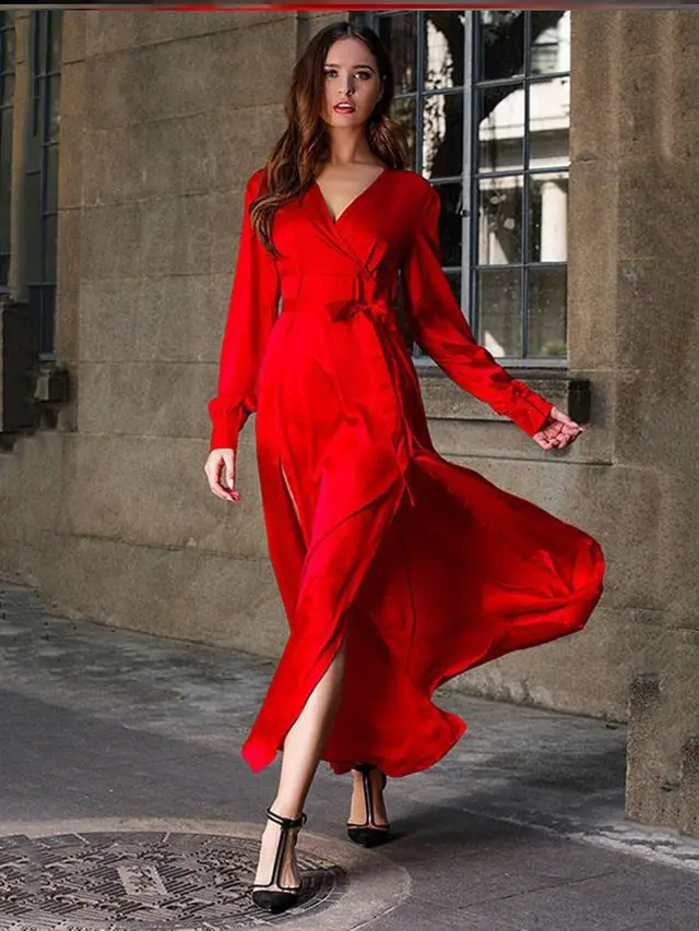 Elegant Dress With Long Sleeves V neck Split Long Skirt Red - Shop at LoveMi