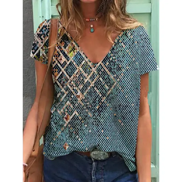 Tie dye Geometric Print V neck Short sleeved T shirt Blue - Shop at LoveMi
