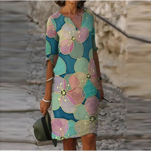 V neck Sexy Vintage Print Dress Middle aged And Elderly Ladies Casual Mid length Shirt Color Flower - Shop at LoveMi