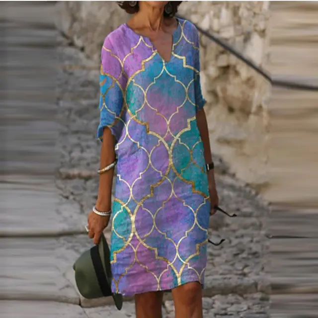 V neck Sexy Vintage Print Dress Middle aged And Elderly Ladies Casual Mid length Shirt Purple - Shop at LoveMi