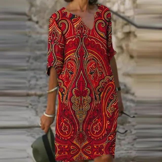 V neck Sexy Vintage Print Dress Middle aged And Elderly Ladies Casual Mid length Shirt Red - Shop at LoveMi