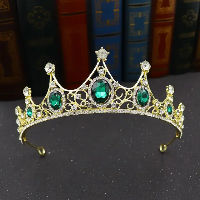 Vintage Baroque Alloy Green Diamond Small Crown Light Golden Green - Shop at LoveMi