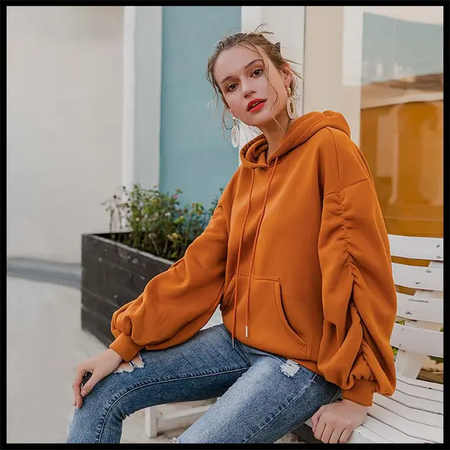Pumpkin Color Pleated Pullover Sweater Style Hooded Solid Color Loose Sweater Pumpkin - Shop at LoveMi