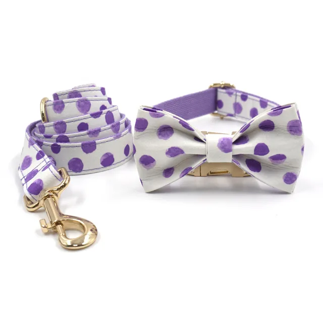 Wind Purple Polka Dot Dog Collar Leash Bow Set Photo Color - Shop at LoveMi