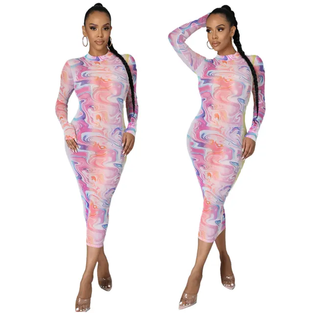 Fashion High Stretch Mesh Printed Dress Pink - Shop at LoveMi