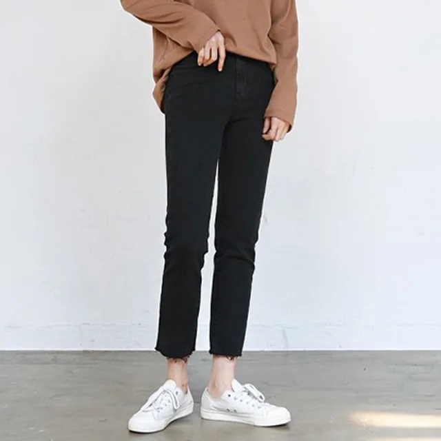 Straight leg Jeans High rise Loose Wide leg Cropped Trousers Black - Shop at LoveMi