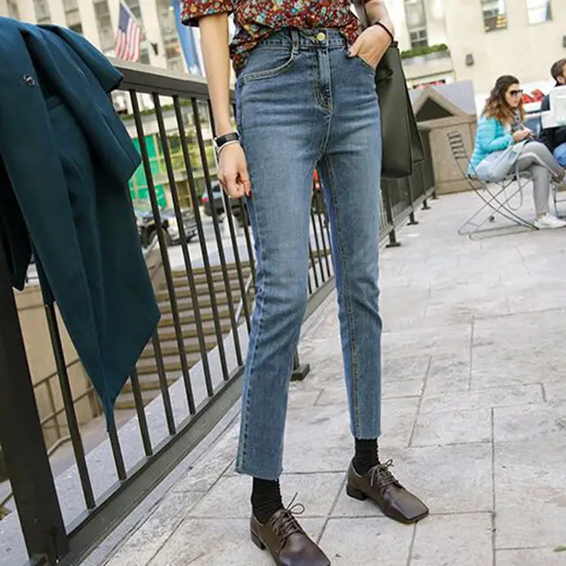 Straight leg Jeans High rise Loose Wide leg Cropped Trousers Blue - Shop at LoveMi