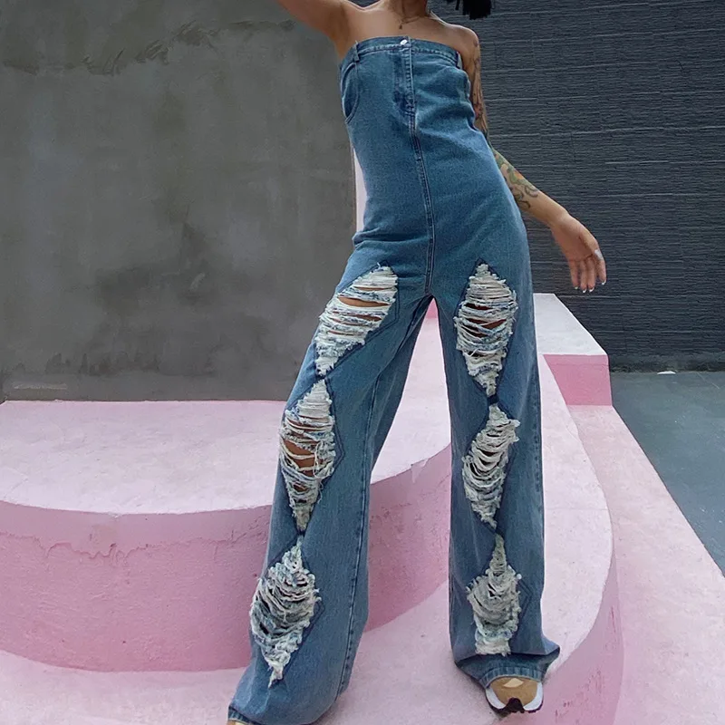 Ripped High-waisted Western-style Straight Wide-leg Denim Jumpsuit - Blue