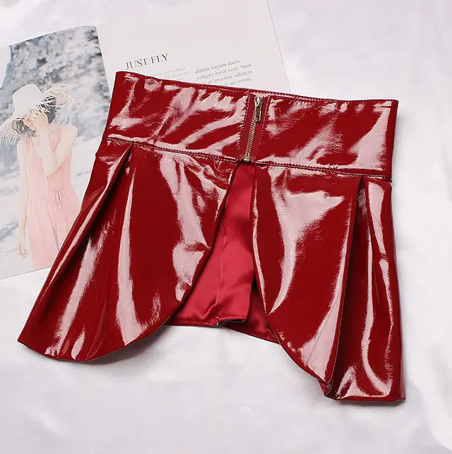 New Catwalk Concave Shape Patent Leather Large Ruffle Skirt Red - Shop at LoveMi