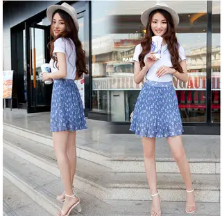 Pleated Skirt Short Skirt Floral Flavor A-line Skirt Chiffon Skirt - Blue Flower