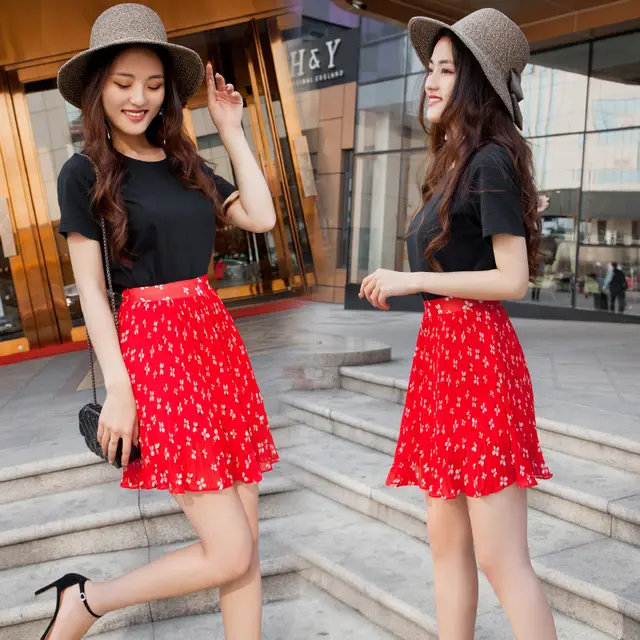 Pleated Skirt Short Skirt Floral Flavor A line Skirt Chiffon Skirt Red Flower - Shop at LoveMi