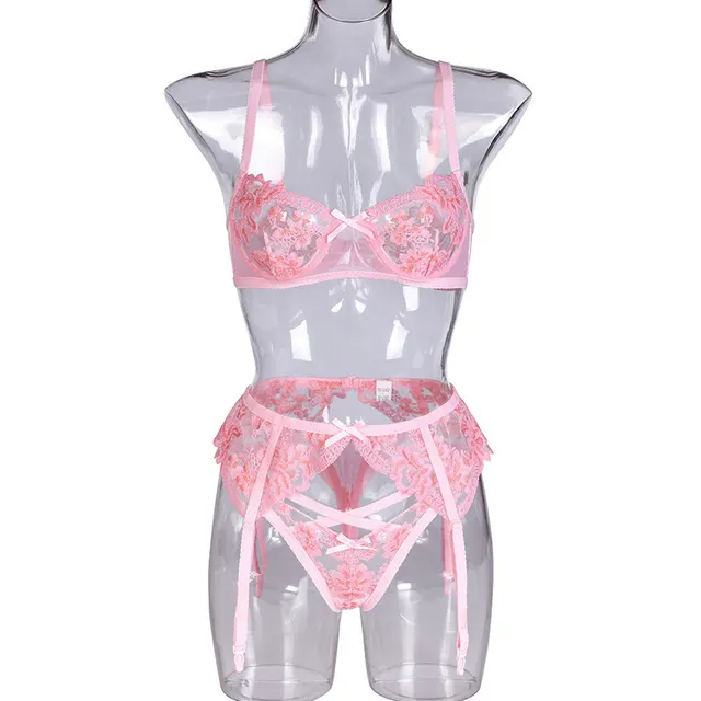 Sexy Underwear Set Heavy Craft Flower Embroidery Products And Steel Rings Pink - Shop at LoveMi