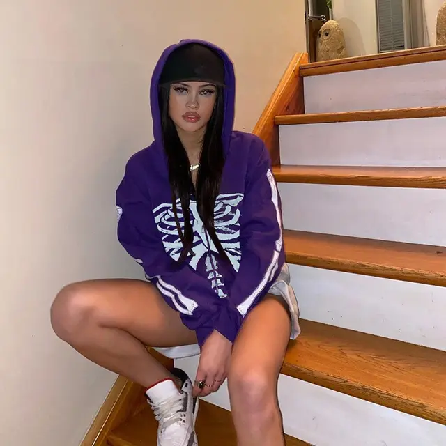 Street Style Sternum Print Hip hop Hooded David Purple - Shop at LoveMi