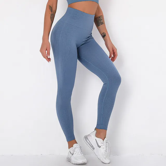 Seamless Solid Color Striped Hip Wicking Yoga Pants Blue - Shop at LoveMi