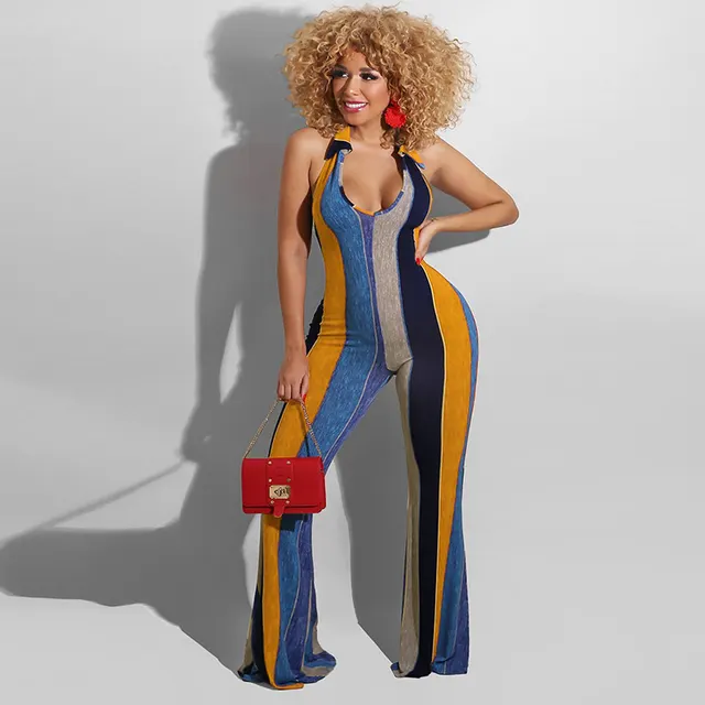 Sexy Striped Halter Jumpsuit With Horns Orange - Shop at LoveMi
