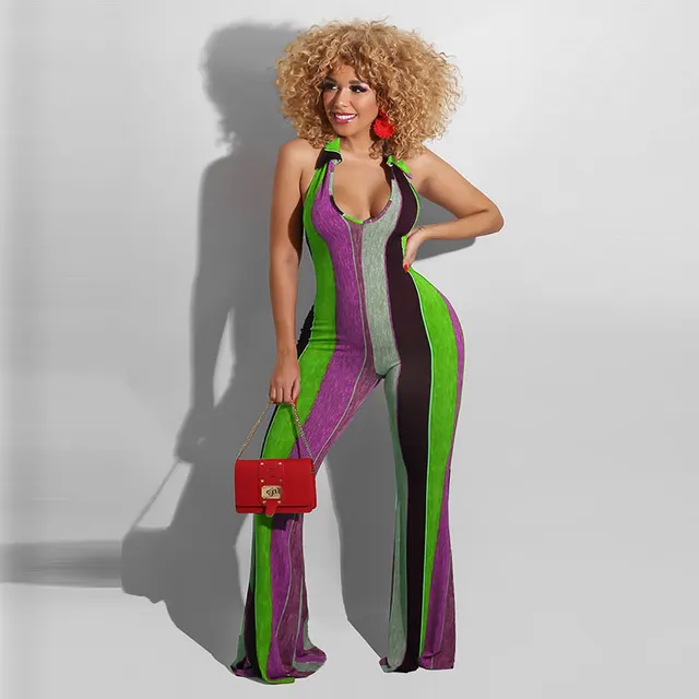 Sexy Striped Halter Jumpsuit With Horns Purple - Shop at LoveMi