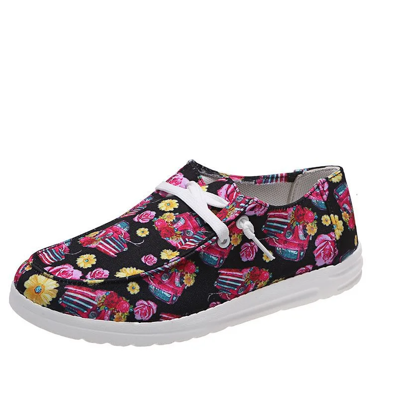 Loafers Women Sunflower Print Flats Casual Canvas Shoes Non lace Lazy Shoes Red - Shop at LoveMi