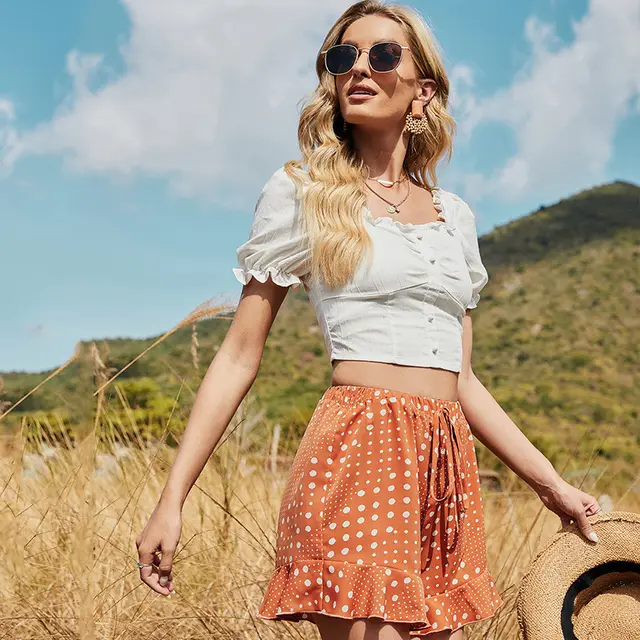 Women's Tying Wide Loose High Waisted Elastic Tightening Ruffled Printed Polka Dot Shorts Orange - Shop at LoveMi