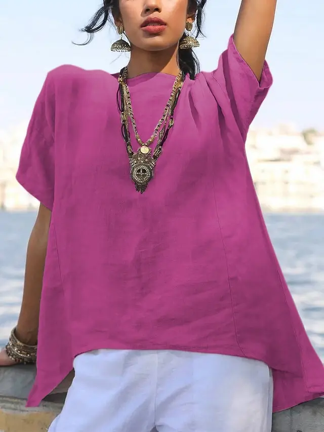 Irregular Hem Short Sleeved Women's Solid Color Cotton And Linen Shirt Rose Red - Shop at LoveMi