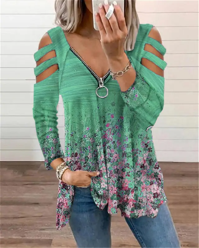 V neck Small Floral Zipper Long sleeved Loose T shirt Top Green - Shop at LoveMi