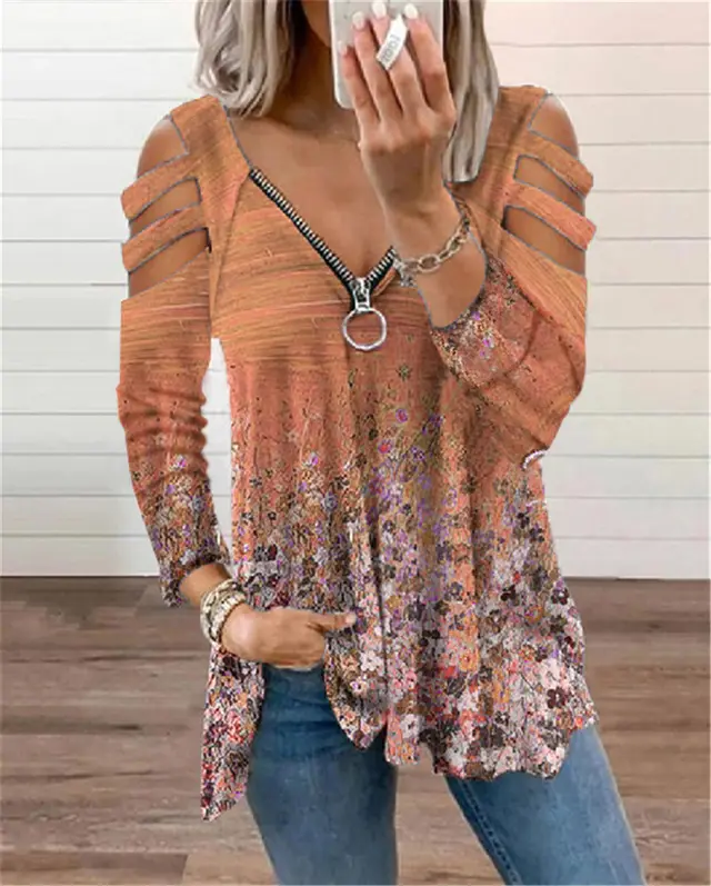 V neck Small Floral Zipper Long sleeved Loose T shirt Top Orange - Shop at LoveMi