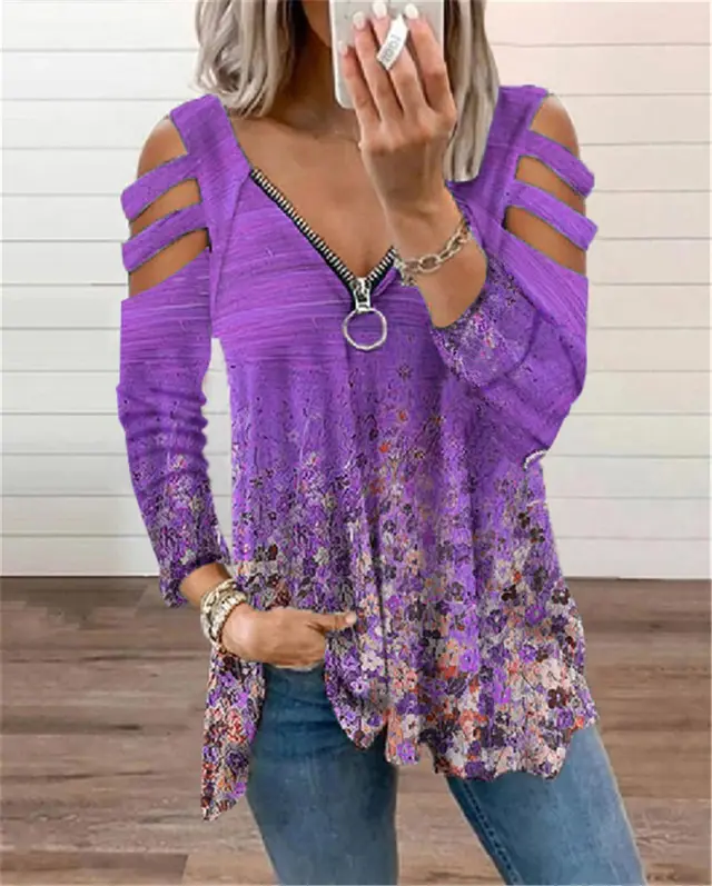 V neck Small Floral Zipper Long sleeved Loose T shirt Top Purple - Shop at LoveMi