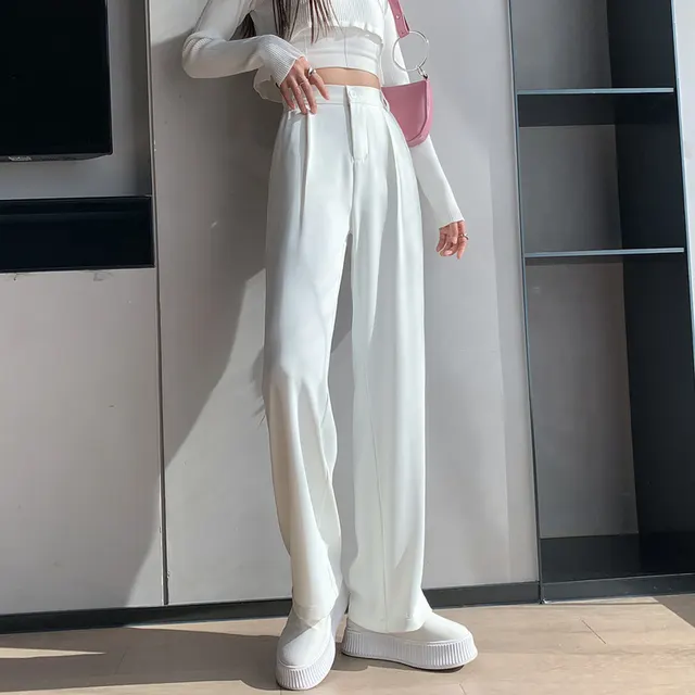 Loose, High Waist, Thin, Drape, Straight Suit Pants, Mopping Pants, Women White Lengthened - Shop at LoveMi