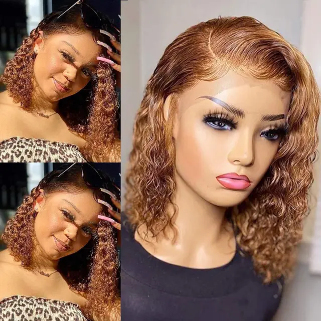 Short Curly Honey Blonde Bob Wig Lace Front Human Hair Wigs For Women Light Brown - Shop at LoveMi
